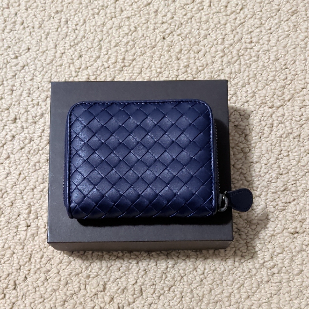 Bottega Veneta Dark Blue Compact Coin Zip Leather Wallet